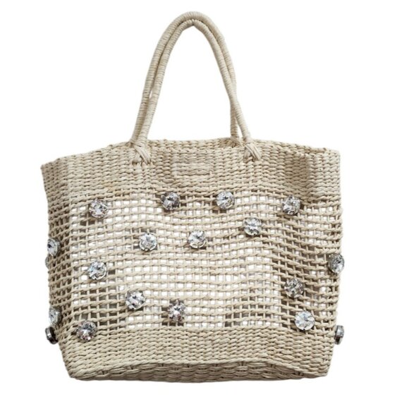 BTB Los Angeles Nancy Tote Straw Bag Crystal Embellished Woven Summer Handbag - Picture 6 of 10